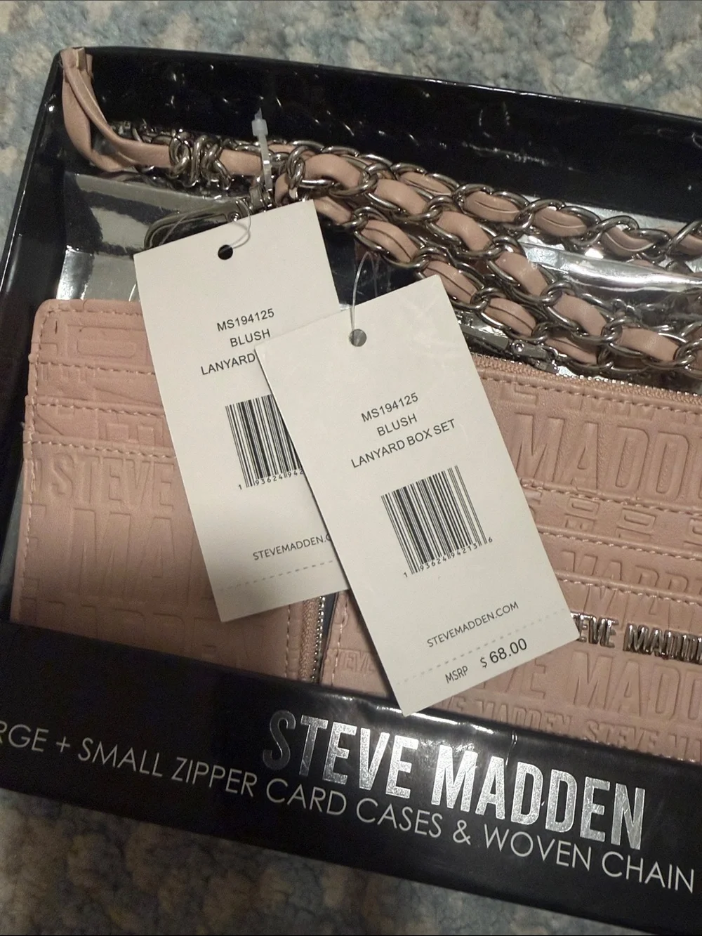Steve Madden Pink Card Case Duo with Woven Chain Lanyard